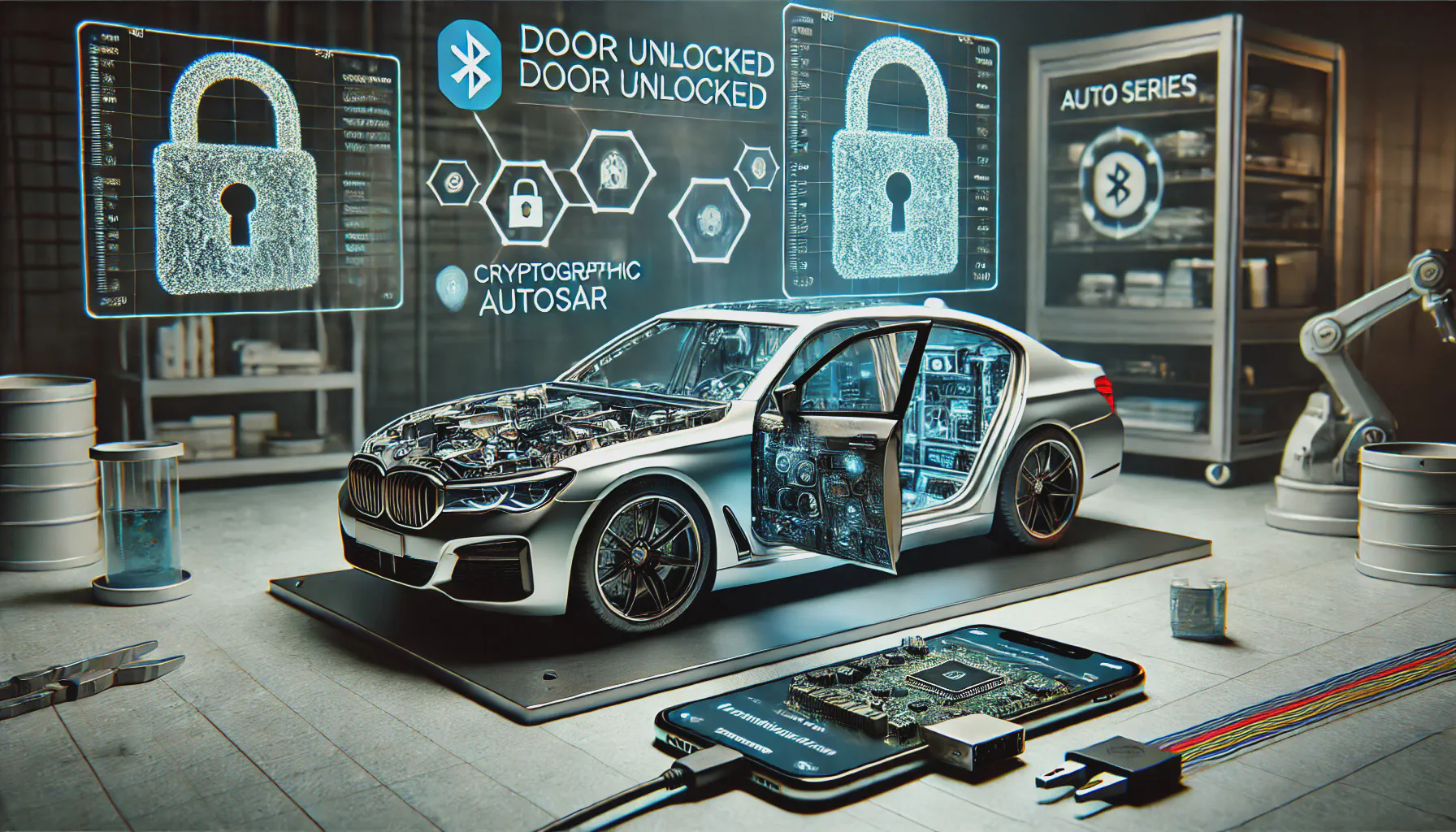 BMW 7 Series car door with custom control electronics and microcontroller
